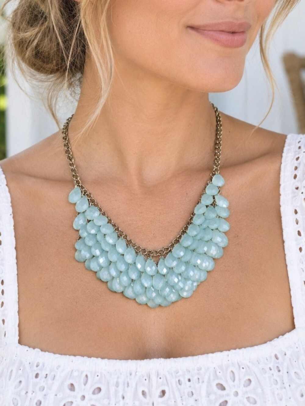 Seafoam Bluish Green Acrylic Gold Tone Teardrop Chainmaille Statement Necklace